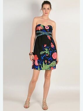 Tibi strapless silk mini dress vibrant "Palm Beach" bird floral garden and pea 6